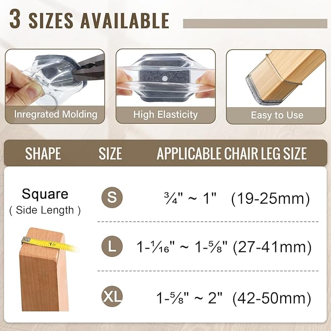 BUMACO Chair Leg Floor Protectors Square Chair Leg Protectors for Hardwood Floors Silicone Pads Covers to Protect Floors Clear-40 Pcs Square XL (1-5/8" to 2")