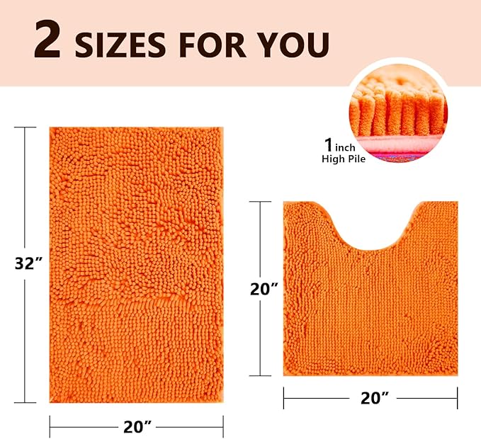 BOANKODU Bath Mat Sets 2 Piece, Soft Chenille Absorbent Non-Slip Mat, 32x20 U Shape + 20x20 Inch; Machine Washable (Orange)