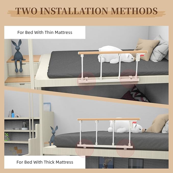 Bed Rails for Elderly Adults Safety, Folding Bedside Assist Rail Handle, Collapsible Bed Fence Preventing Falling for King, Queen, Full, Twin (Wood Color)