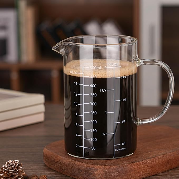 BCnmviku 500ML 2 CUP Glass Measuring Cup With Handle, High Borosilicate Glass Three Scales (OZ, Cup, ML/CC for Kitchen or Restaurant Easy To Read