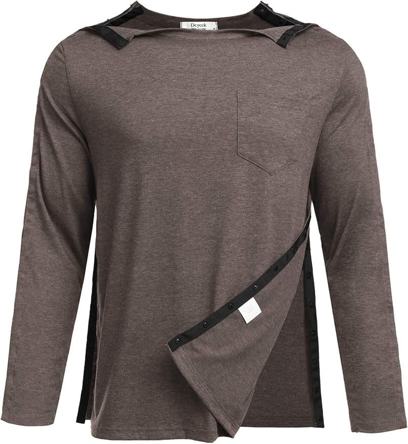 Deyeek Men's Post Shoulder Surgery Recovery Shirts Full Tear Away Long Sleeve Snap Chemo Port Access Shirt
