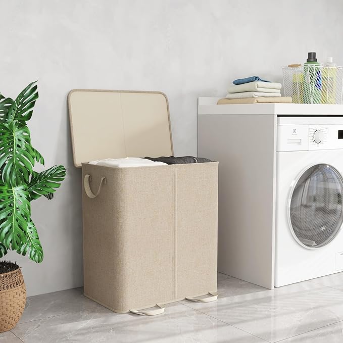 Lifewit Double Laundry Hamper with Lid and Removable Laundry Bags, Large Collapsible 2 Dividers Dirty Clothes Basket with Handles for Bedroom, Laundry Room, Closet, Bathroom, College, 155L Beige