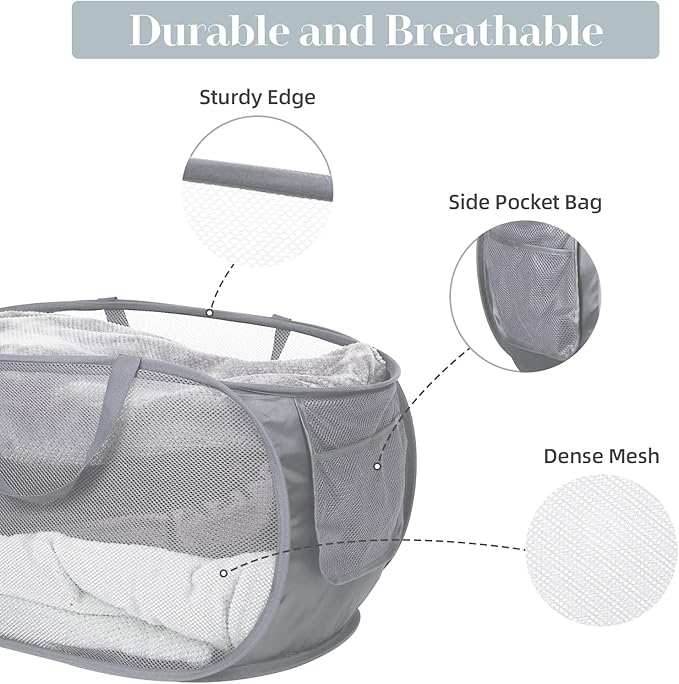 2 Pack Durable Collapsible Laundry Baskets - Reinforced Mesh Pop Up Laundry Hamper with Pocket, Foldable Dirty Clothes Hamper with Carry Handles for Laundry, Bathroom, Kids Room, Dorm or Travel Grey
