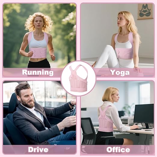 Posture Corrector for Women and Men,4 In 1 Adjustable Full Back Brace,Posture Braces Can Relieve Upper and Lower Back Pain, Shoulder Braces for Hunchback,Scoliosis, Lumbar Spine, Spine（Large Pink）