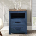 Blue Rustic Night Stand, Farmhouse End Table, Modern Bedside Table with 2 Storage Drawers and Open Shelf, Tall Nightstand for Bedroom