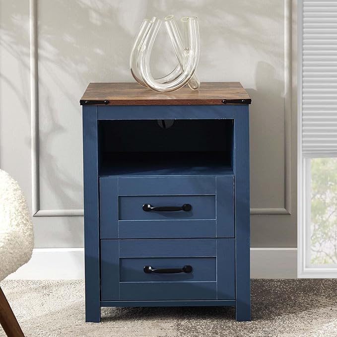 Blue Rustic Night Stand, Farmhouse End Table, Modern Bedside Table with 2 Storage Drawers and Open Shelf, Tall Nightstand for Bedroom