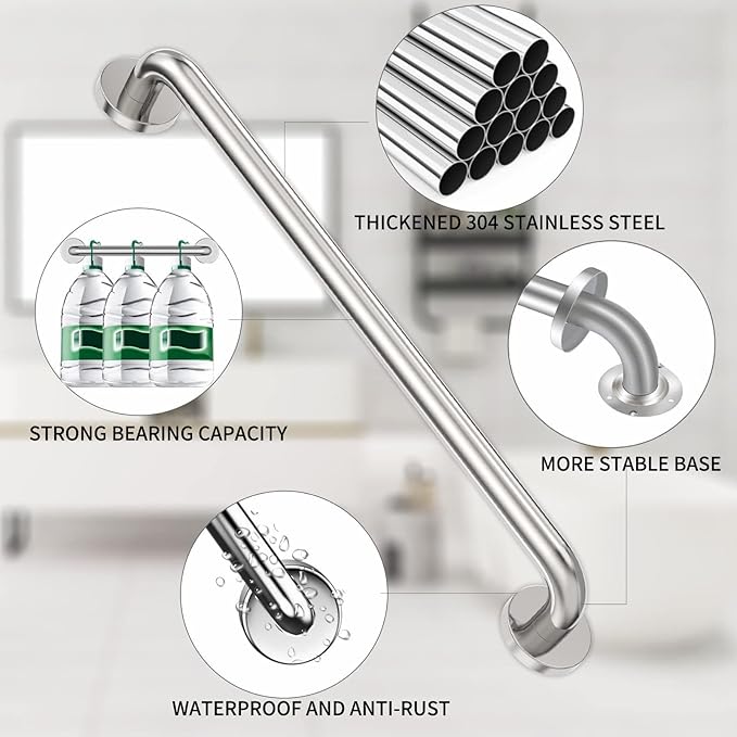 2 Pack 24 inch Shower Grab Bars 1.25 inch ADA Safety Grab Bars for Bathroom 500 lbs Support 304 Stainless Steel Assist Bath Handle Brushed Nickel
