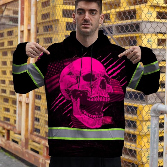 Matedecor Skull US Flag Reflective High Visibility Hoodie For Men Construction Hi Vis Safety Workwear Custom Name