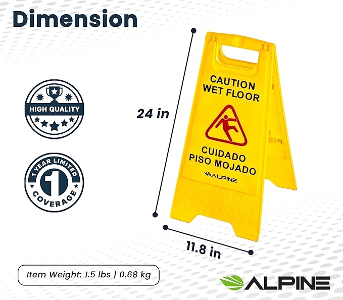 Alpine Caution Wet Floor Signs 5 Pack - 24 Inch, High Visibility Yellow Slippery When Wet Sign - Bilingual Safety Warning Sign to Easily Avoid Slippery Accidents in High Traffic Areas