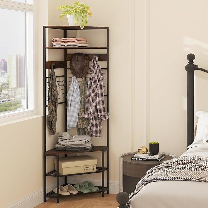 Giantex Corner Hall Tree, 73" Tall Coat Rack w/Shoe Storage Bench, 12 Metal Hooks, 5-Tier Entryway Shoes Shelf Organizer, Freestanding Clothes Rack for Living Room, Bedroom (Rustic Brown & Black)
