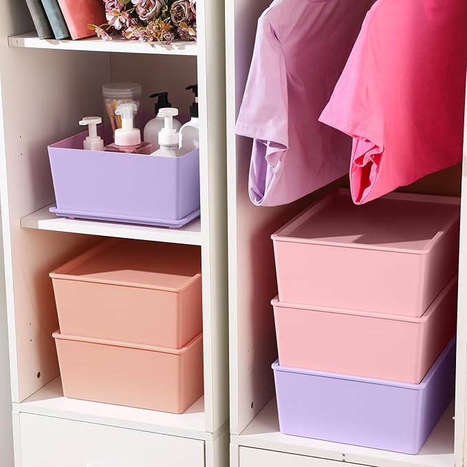 Menkxi 6 Pcs Large Plastic Storage Bins with Lids 14.4 x 10.4 x 5.1 Inch Stackable Storage Containers Decorative Cubby Organizer for Clothes Shelves Garage Closet Office (Pastel)