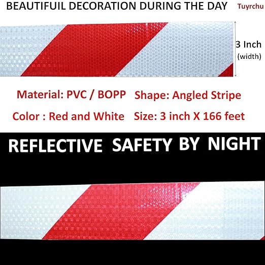 Red and White Reflective Tape Outdoor Waterproof 3 inch X 166 feet, High Visibility Hazard Safety Industrial Marking Tape