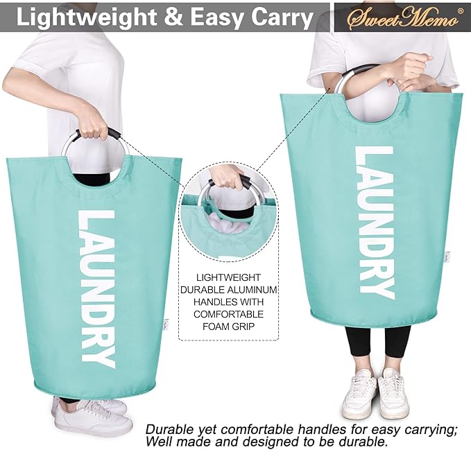 Large Laundry Basket Collapsible，Freestanding Clothes Hamper Bag with Handles – Tall Folding Dirty Laundry Bin，Sturdy Laundry Sorter for College Dorm，Laundry Room – 131L (Light Blue)