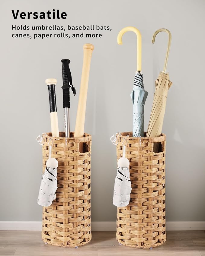 Rattan Umbrella Stand, Umbrella Holder for Entryway, Hand Woven Umbrella Rack Organizer Freestanding, with a Detachable Drip Tray, 4 Hooks, 7.5" L x 7.5" W x 16.5" H