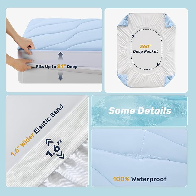 Unikome Ultra Soft Waterproof Queen Size Mattress Pad, Cooling Mattress Protector for Hot Sleepers, 5-Layers Noiseless Washable Mattress Cover with 8"-21" Deep Pocket (Light Blue, 60x80)