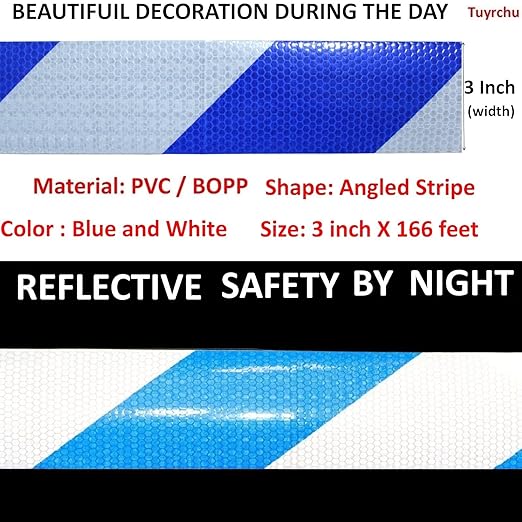 Blue and White Reflective Tape Outdoor Waterproof 3 inch X 166 feet, High Visibility Conspicuity Safety Industrial Marking Tape