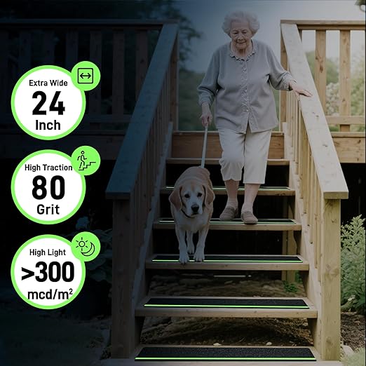 LifeGrip Anti Slip Traction Treads with Glow in Dark Stripe (5-Pack), 6" X 24", Best Grip Tape Grit Non Slip, Outdoor Non Skid Tape, High Traction Friction Abrasive Adhesive for Stairs Step
