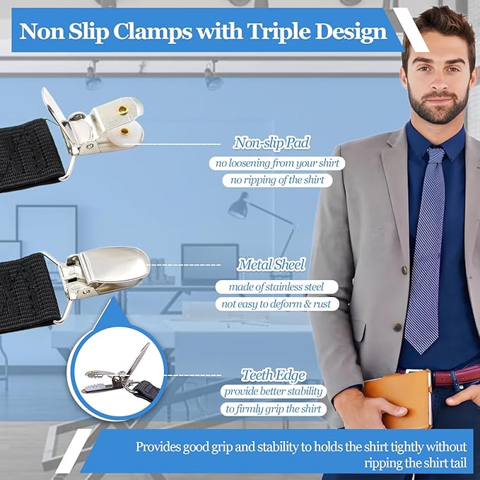 STAY GENT Y-Style Shirt Stays For Men with Non-Slip Locking Clamps and Adjustable Elastic Straps