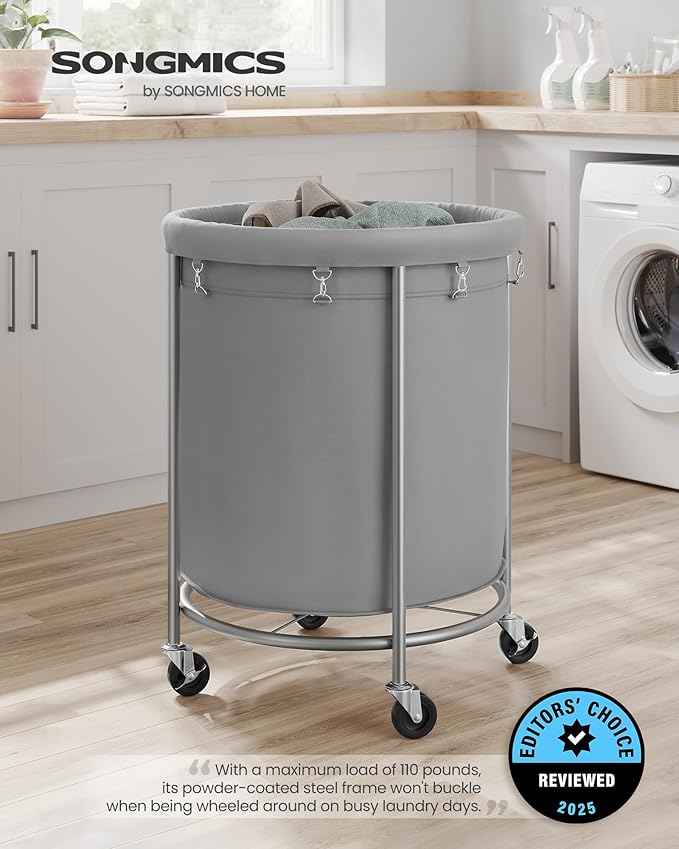 SONGMICS 50.2-Gallon (190 L) Laundry Basket with Wheels, Rolling Round Heavy-Duty Laundry Hamper Cart with Steel Frame and Removable Bag, 2 Locking Wheels, Gray and Metallic Silver URLS001G01