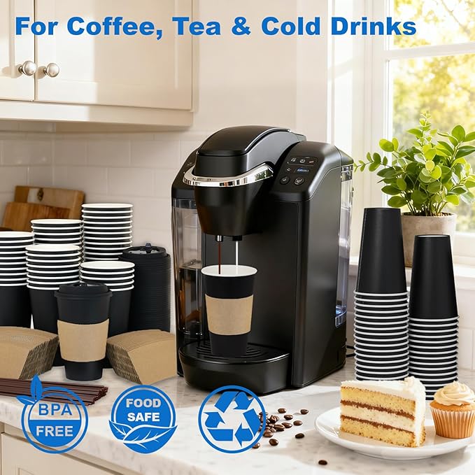 16 oz 500 Pack Coffee Cups with Lids and Sleeves, Straws, Hot Disposable To Go Travel Paper Cups Bulk for Office, Home Coffee Bar Accessories, Chocolate, Cocoa, Beverage (Black)