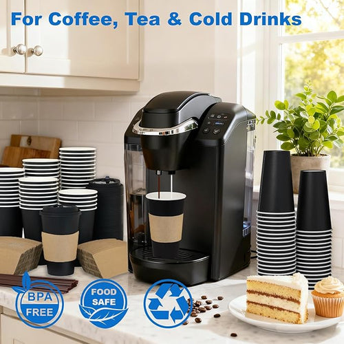 16 oz 500 Pack Coffee Cups with Lids and Sleeves, Straws, Hot Disposable To Go Travel Paper Cups Bulk for Office, Home Coffee Bar Accessories, Chocolate, Cocoa, Beverage (Black)