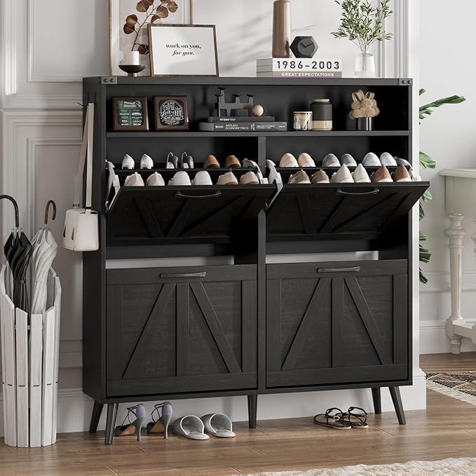 Shoe Cabinet with 4 Flip Drawers,Farmhouse Shoe Storage Cabinet for Entryway,Narrow Freestanding Organizer Rack with Open Shelves for Foyer,Hallway,Black