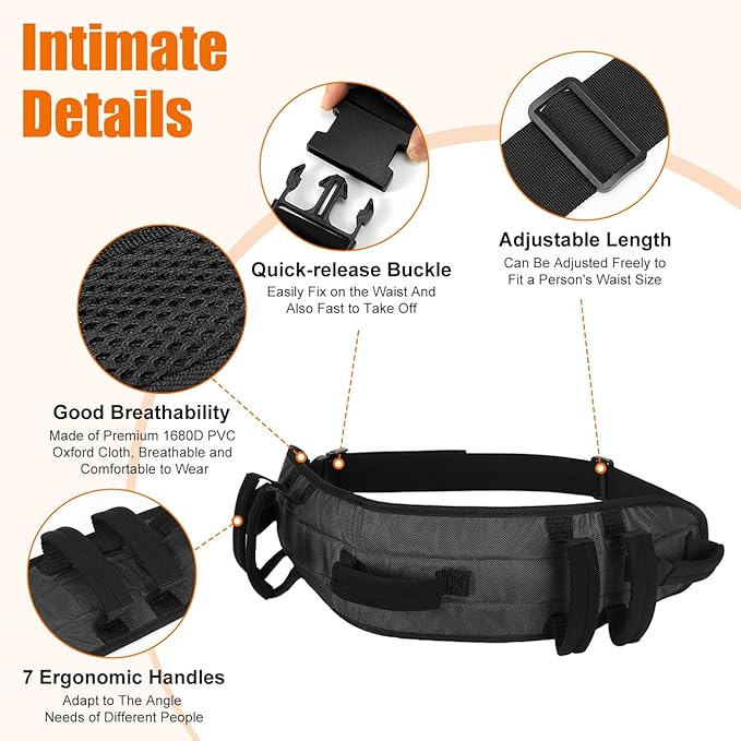 Rhino Valley Gait Belt for Senior with 7 Handles, 59" Anti-Slip Gate Belts medical for elderly, Transfer Belt with Quick Release Buckle, Elderly, Physical, Handicap, Bariatric Therapy, Black & Black