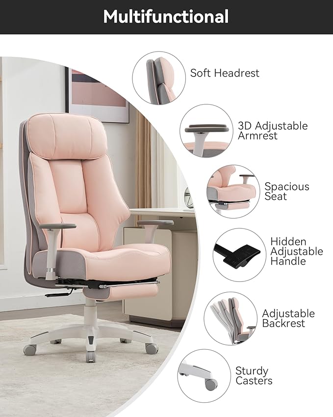 DJ·Wang Big and Tall Office Chair 400lbs with Foot Rest, High Back Executive Office Chair with Extra-Thick Spring Cushion, Ergonomic Leather Chairs Pink