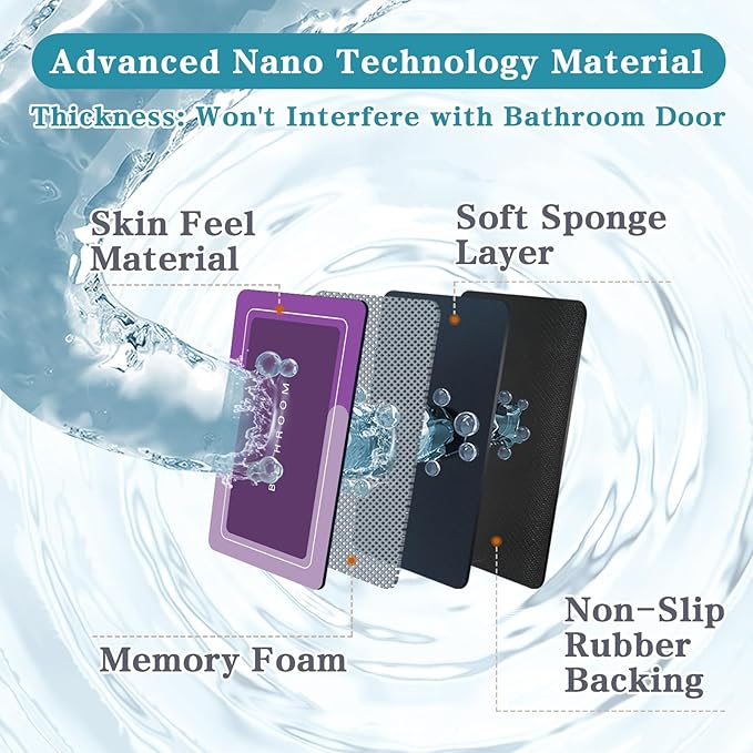 Bath Mat, Bathroom Mat Rugs Super Absorbent Shower Mats Non Slip Quick Dry Thin Rubber Mats for Bathroom Floor Fit Under Door, Shower Rug for Bathtub, Shower, Purple