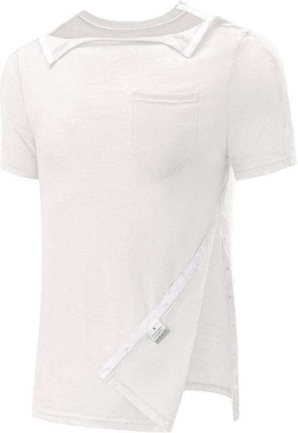 Poriff Men's Post Shoulder Surgery Recovery Shirts Full Tear Away Short Sleeve Snap Chemo Port Access Shirt