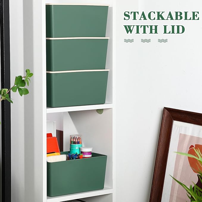 Menkxi 6 Pcs Large and Small Plastic Storage Bins with Lids 14.4 x 10.4 x 5.1 Inch Stackable Storage Containers Decorative Cubby Organizer for Clothes Shelves Garage Closet Office(Green)