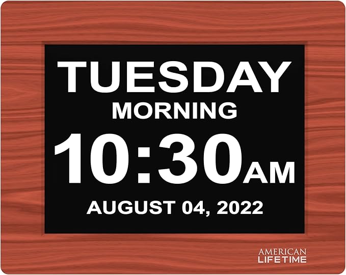 American Lifetime Upgraded Version, Day Clock Extra Large Impaired Vision Digital Clock with Backup and 5 Alarm Options, Brown Wood