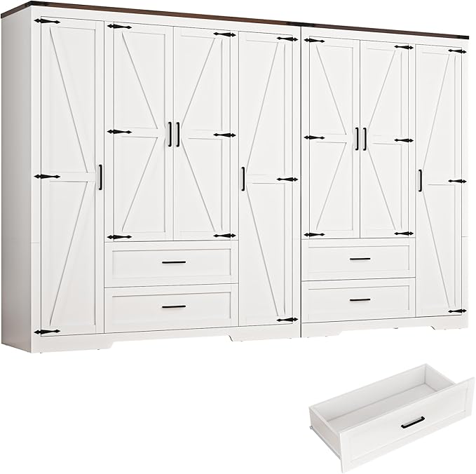 7 Doors Wardrobe Armoire Closet with Doors and Drawers, Farmhouse Wooden Armoire Storage Cabinet with Shelves & Hanging Rod for Bedroom, White