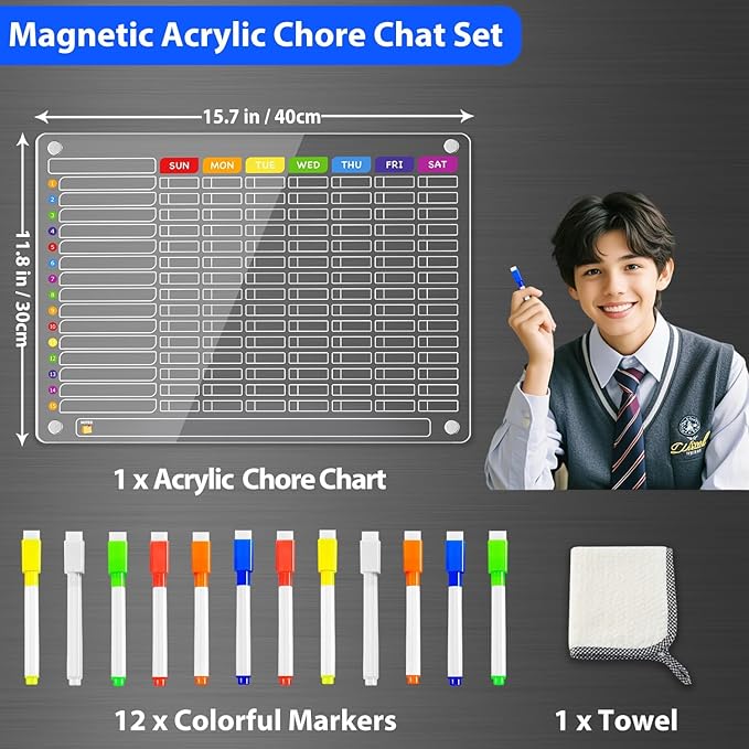 PigPotParty Acrylic Magnetic Chore Chart for Family & Multiple Kids – 16"x12" Large Dry Erase Chore Board for Fridge, Daily & Weekly Responsibility Chart for Adults, Includes 12 Markers & 1 Towel