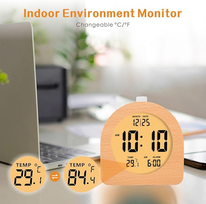 Plumeet Wooden Digital Alarm Clock for Bedrooms, Wood 4'' Battery Powered Alarm Clock with Snooze and Nightlight, Electronic LCD Desk Clock Display Time, Date, Temp, 12/24H, Wood Décor, Round, Brown