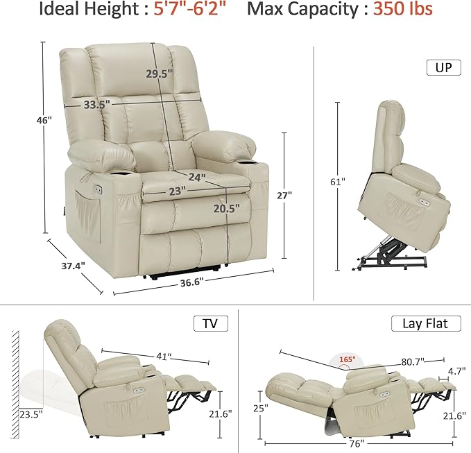 MCombo Dual Motor Large Power Lift Recliner Chair for Elderly, Lay Flat Lift Chair with Heat and Massage, Big Lift Recliner for Tall People, Faux Leather 7896 (Cream White, Large)