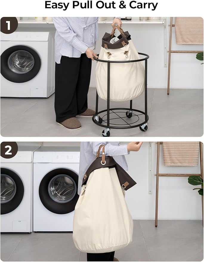 StorageWorks 110L Rolling Laundry Basket, Clothes Hamper with Wheels, Round Clothing Cart with Steel Frame and Removable Bag, 4 Casters and 2 Brakes, Beige, 1-Pack