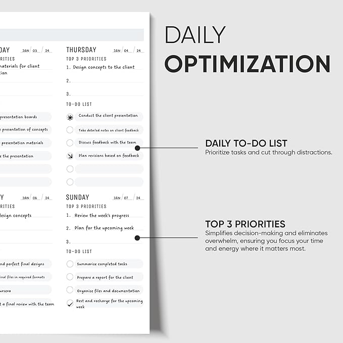 Productivity Store - Weekly Desk Planner Pad, 12-Month Productivity Planner, Tear-Out Deskpad for To-Do List, Productivity Tools for Time Management and Mindfulness, A4 Size, Black