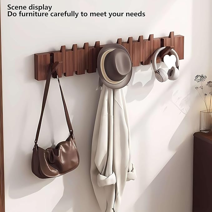 Wall Mounted Piano Key Hanger | Flip Style Hook | Entrance Wall Art Hook, Made of Oak Wood (3 Times Painted, 4 Times Polished) (Walnut, 12Hooks)