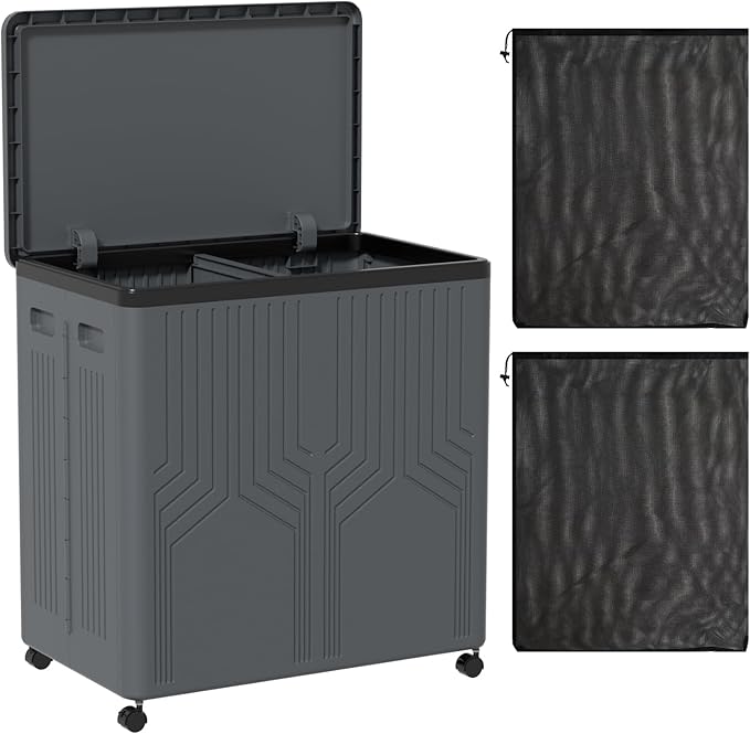 120 L Collapsible 2 Section Laundry Hamper, Plastic Rolling Laundry Basket 2 Section with Lid, Gray