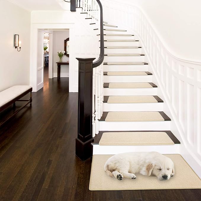 PURE ERA Bullnose Carpet Stair Treads Set Tape Free Non-Slip Indoor Stair Protectors Pet Friendly Rugs Covers Soft Skid Resistant Washable Reusable 9.5" x 30" (14 Pieces, Light Beige)