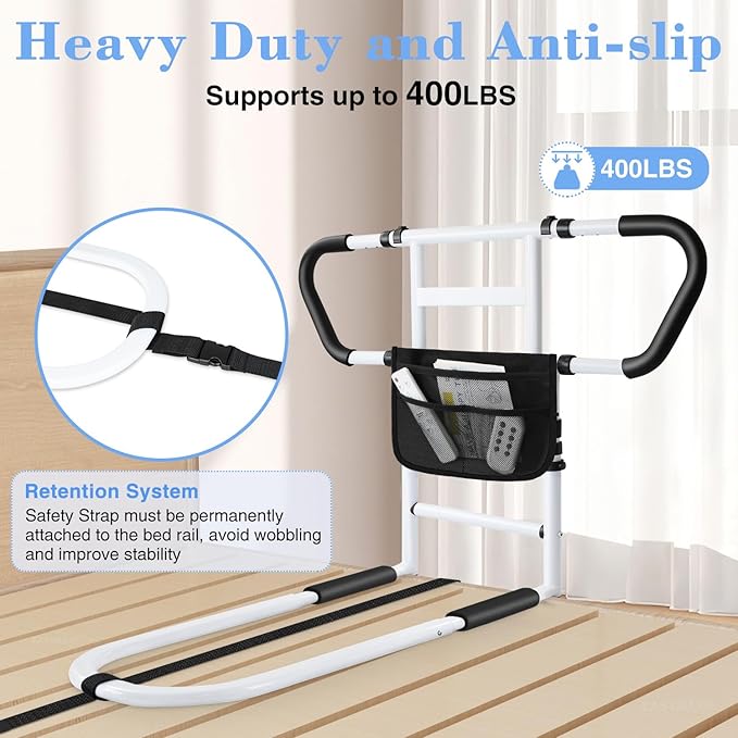 Bed Rails for Elderly Adults Safety: Adjustable Bedside Assist Rails with Storage Pockets, Non-Slip Handles, Motion Sensor Light, Items for Elderly Bed Rail, 400LB Gravity Capacity