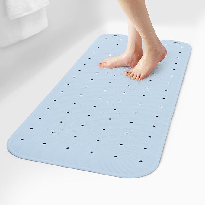 Extra Long Rubber Bathtub Mat, Non-Slip Shower Tub Mat, 39x16 Inch, Bath Tub Floor Mat with Suction Cups and Drainage Holes, Light Blue