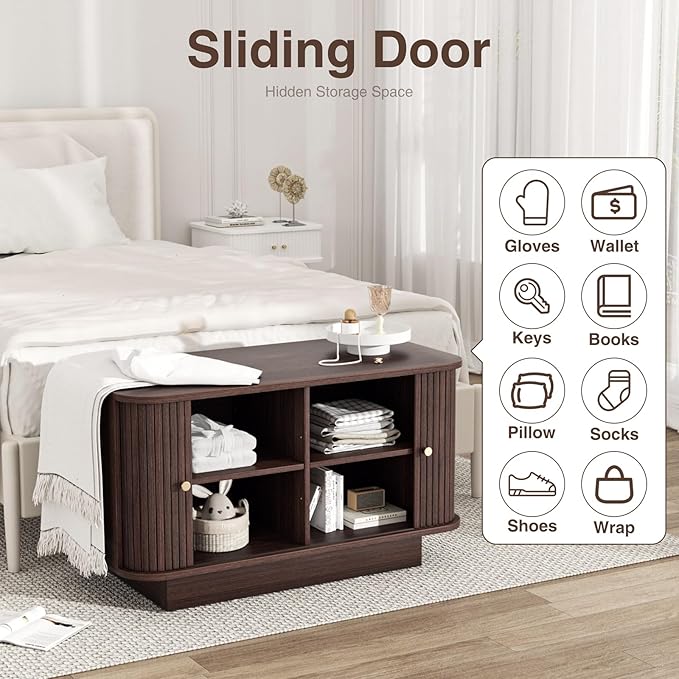 31.5" W Sliding Door Shoe Storage Bench, Small Entryway Shoe Cabinet with Adjustable Shelf, Space-Saving Wooden Low Cabinet for Hallway, Living Room, Apartment, Dorm, Walnut