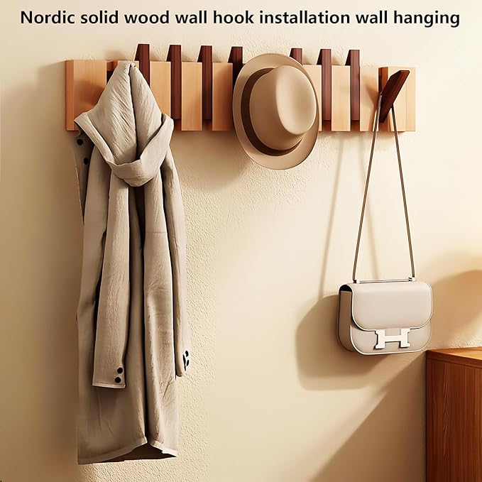 Wall Mounted Piano Key Hanger | Flip Style Hook | Entrance Wall Art Hook, Made of Oak Wood (3 Times Painted, 4 Times Polished) (Walnut-Beech, 8Hooks)