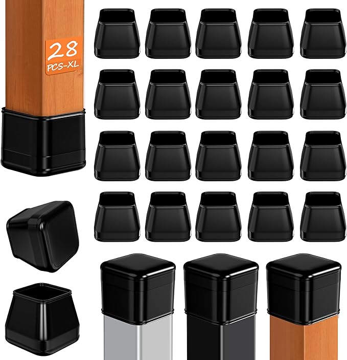 28 Pcs Chair Leg Sliders for Carpet Rug, Square Chair Glides, Silicone Furniture Leg Protectors Caps Kitchen Table Feet Covers with Plastic Pads, No Scratches (Fit:1-1/2"~1-3/4", Black)