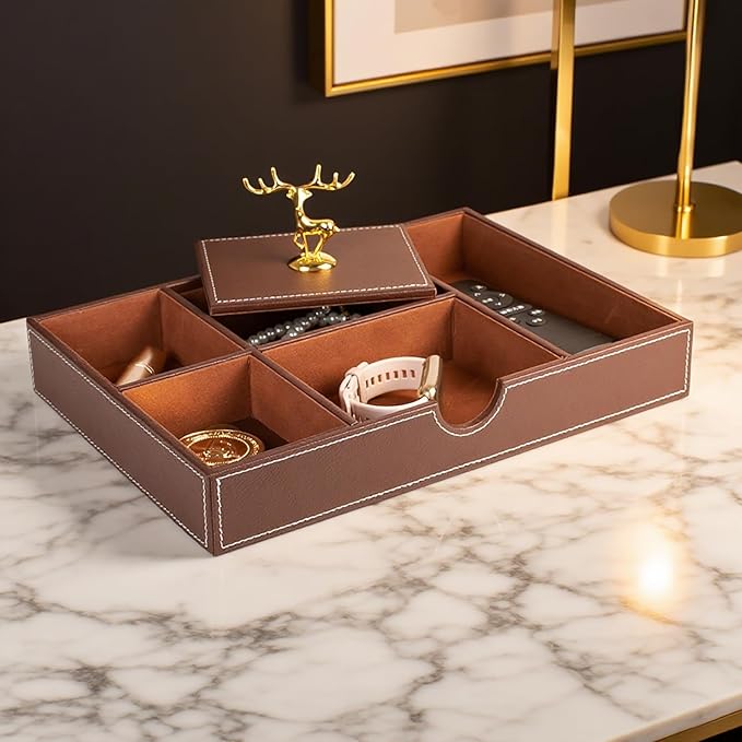 Jewelry Trays Nightstand Organizer, Valet Tray for Men and Women, Tray Organizer,Can hold Mobile phones, watches, cosmetics, keys. Dark Brown Faux Leather, 5 Compartment