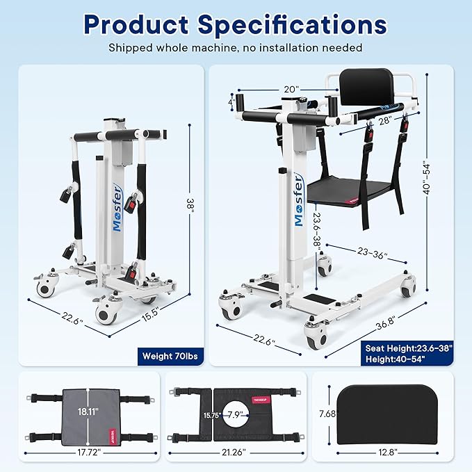 Mosfer Electric Patient Lift Transfer Chair Lift,Chair Lift Assist Devices for Home Seniors and Disabled with Adjustable Height, Folding Bathroom Wheelchair Move from Bed to Chair,Toilet,Car,Outdoor