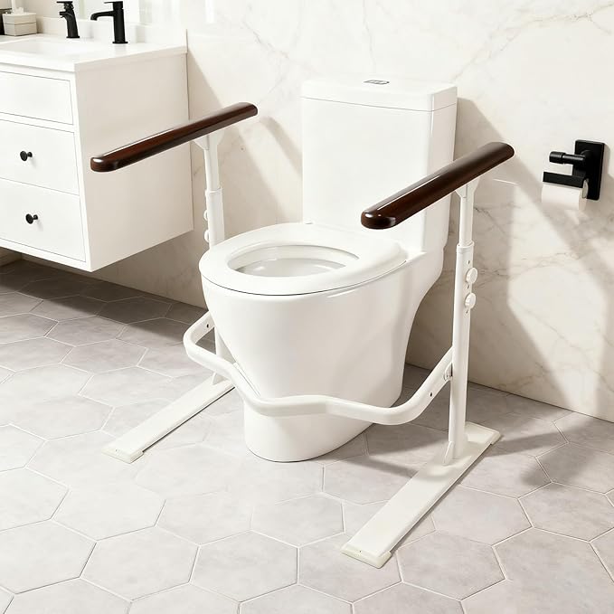 Toilet Safety Rails for Seniors - Toilet Safety Frame with Nighttime Reflective Armrests & Base, 3-Speed Height Adjustment, Toilet Safety Frames & Rails Fits Most Toilets, 3-Hole Depth Adjustment
