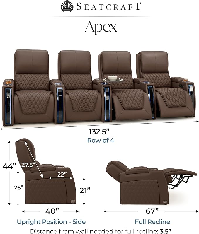 Seatcraft Apex Home Theater Seating, Living Room, Powered Headrest, Powered Lumbar, Powered Recline, Italian Leather, USB Charging, Row of 4, Brown